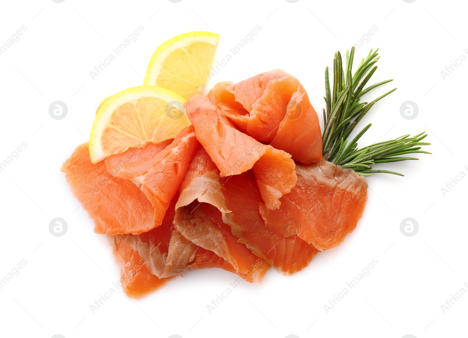 Photo of Fresh sliced salmon fillet with rosemary and lemon on white background