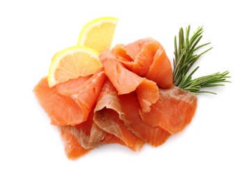 Photo of Fresh sliced salmon fillet with rosemary and lemon on white background