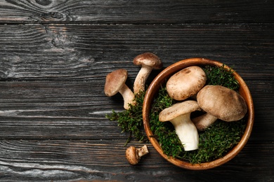 Flat lay composition with fresh wild mushrooms on black wooden table, space for text