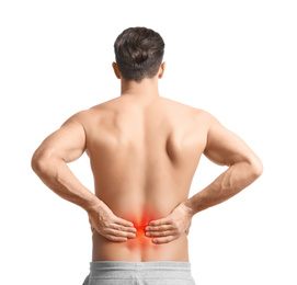 Image of Man suffering from pain in lower back on white background