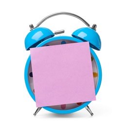 Alarm clock with empty sticky note on white background. Time concept