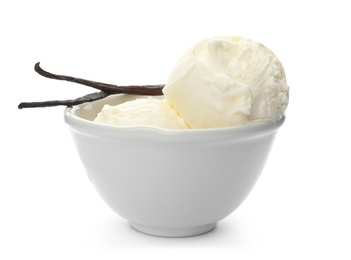 Photo of Bowl with tasty vanilla ice cream and pods on white background