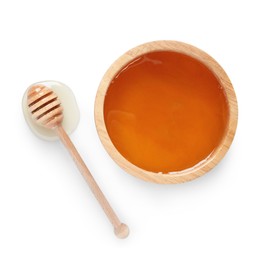 Photo of Tasty honey in bowl and dipper isolated on white, top view