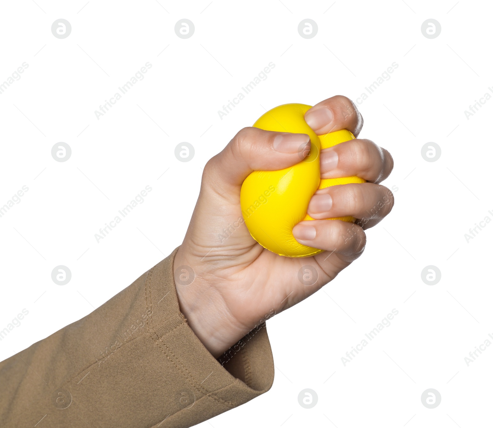 Photo of Woman squeezing antistress ball on white background, closeup