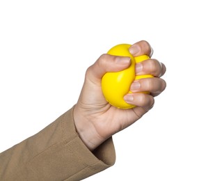 Photo of Woman squeezing antistress ball on white background, closeup