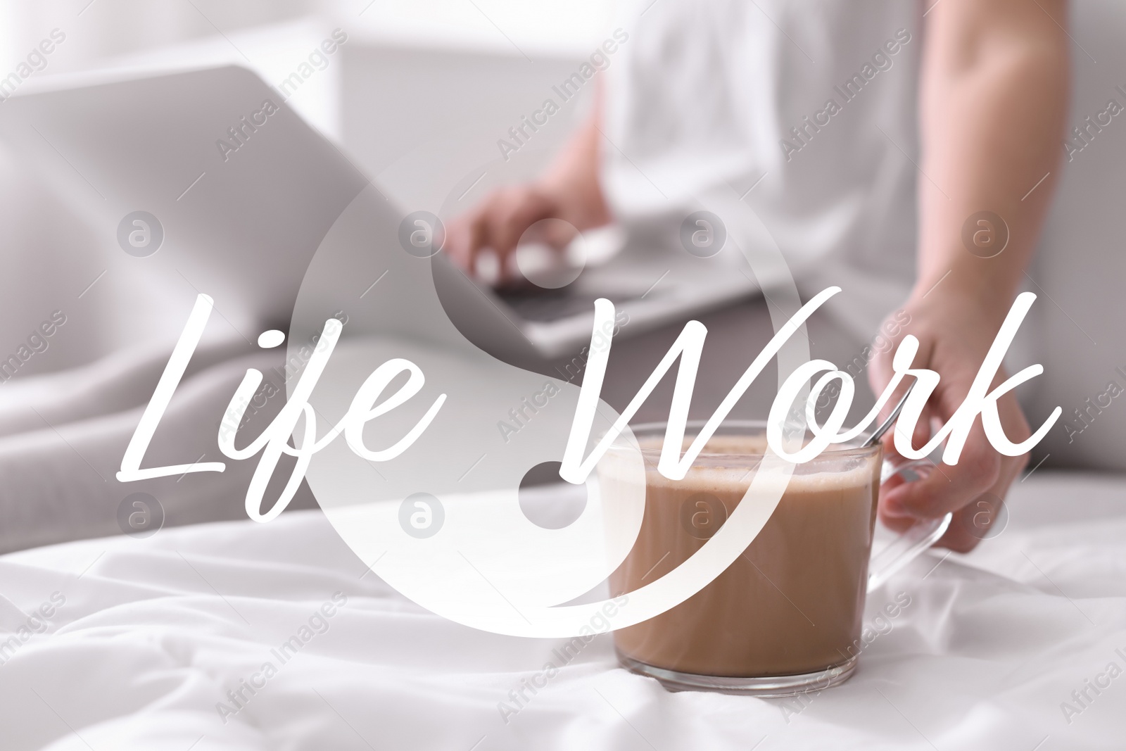 Image of Woman with laptop taking cup of morning coffee in bedroom, closeup. Concept of balance between work and life