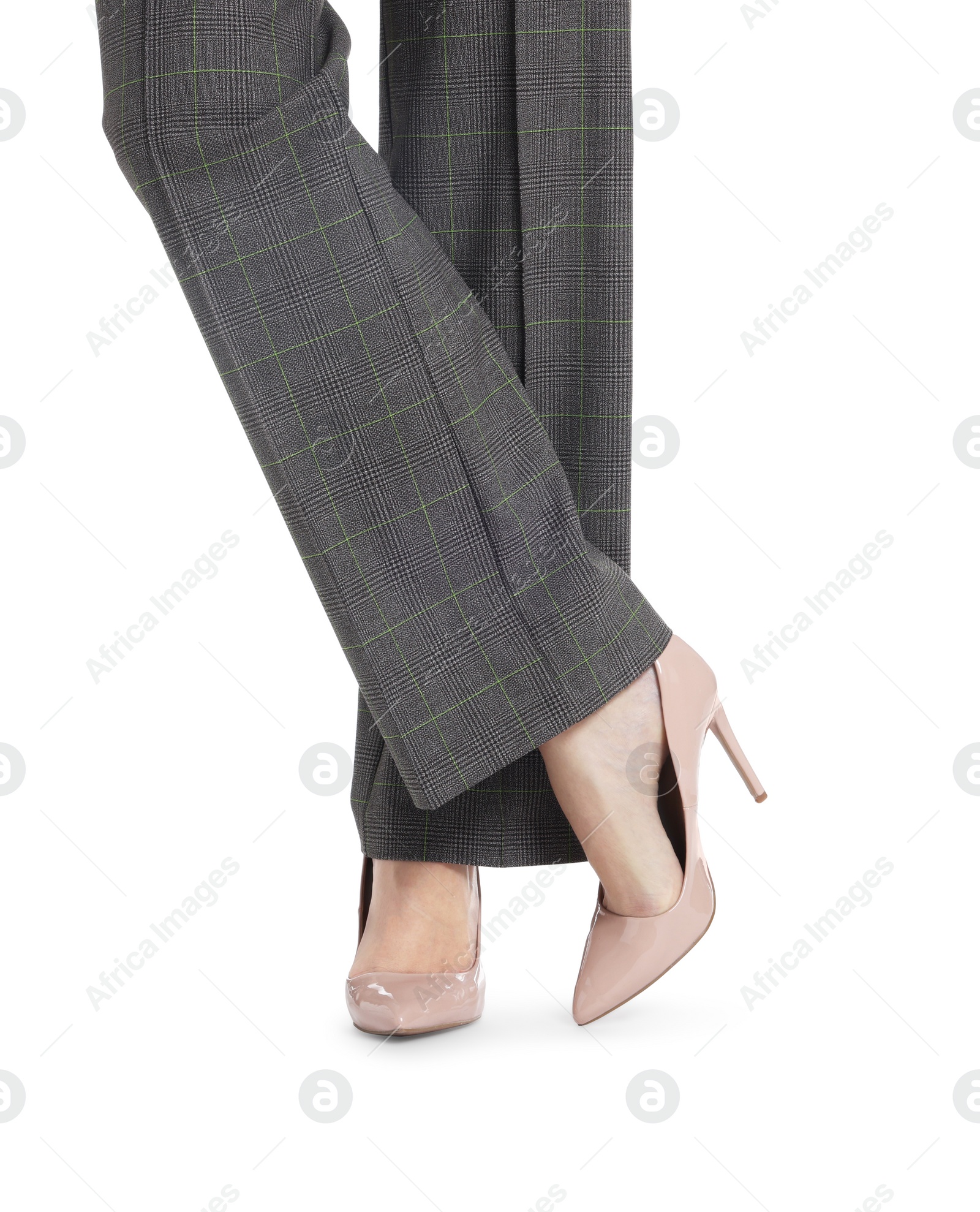 Photo of Businesswoman in beige shoes on white background, closeup