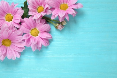 Photo of Beautiful chamomile flowers on light blue wooden background, flat lay. Space for text