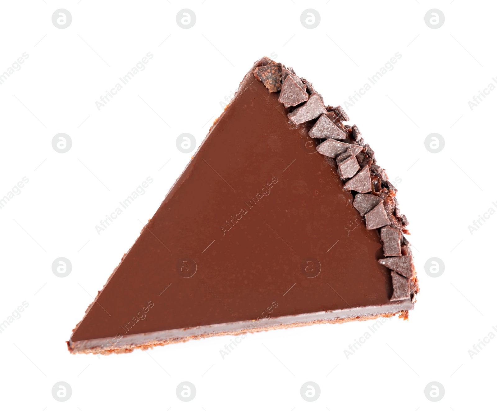 Photo of Piece of tasty chocolate cake isolated on white, top view