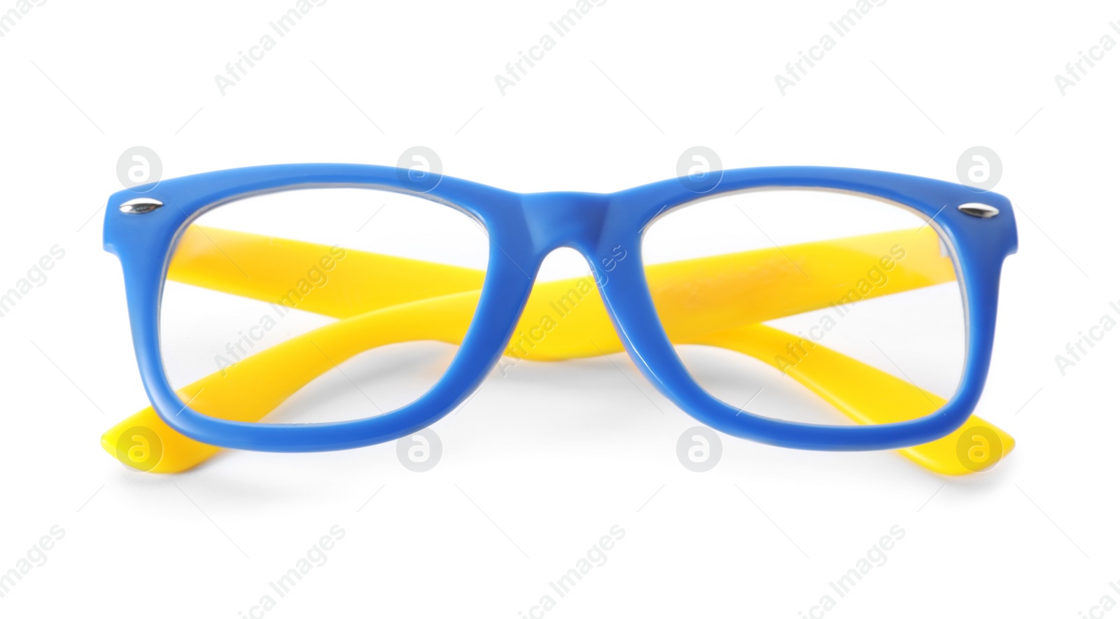 Photo of Beautiful sunglasses on white background. Beach object