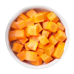 Photo of Bowl of delicious diced carrots isolated on white, top view