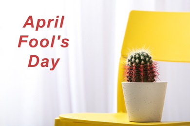 Photo of Cactus on yellow chair against light background, space for text. April Fool's Day