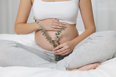 Pregnant woman with plant branch sitting on bed indoors, closeup