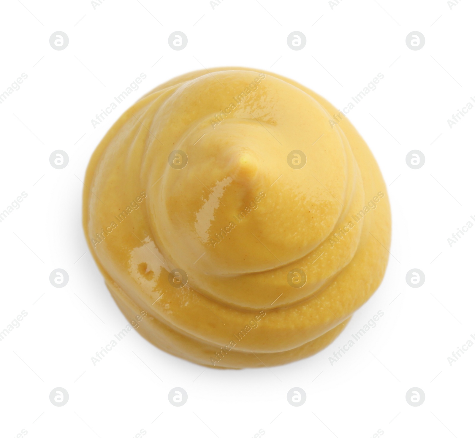 Photo of Fresh tasty mustard sauce isolated on white, top view