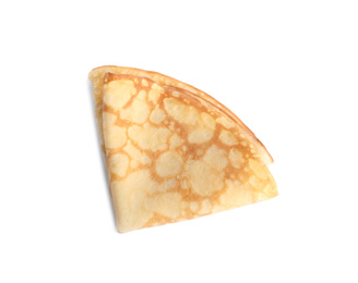 Photo of Folded fresh thin pancake isolated on white, top view