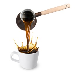 Pouring freshly brewed aromatic coffee from turkish pot into cup. Objects in air on white background