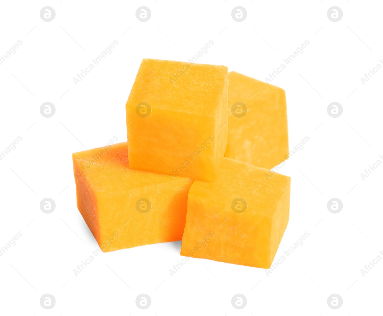 Photo of Pieces of ripe orange pumpkin on white background