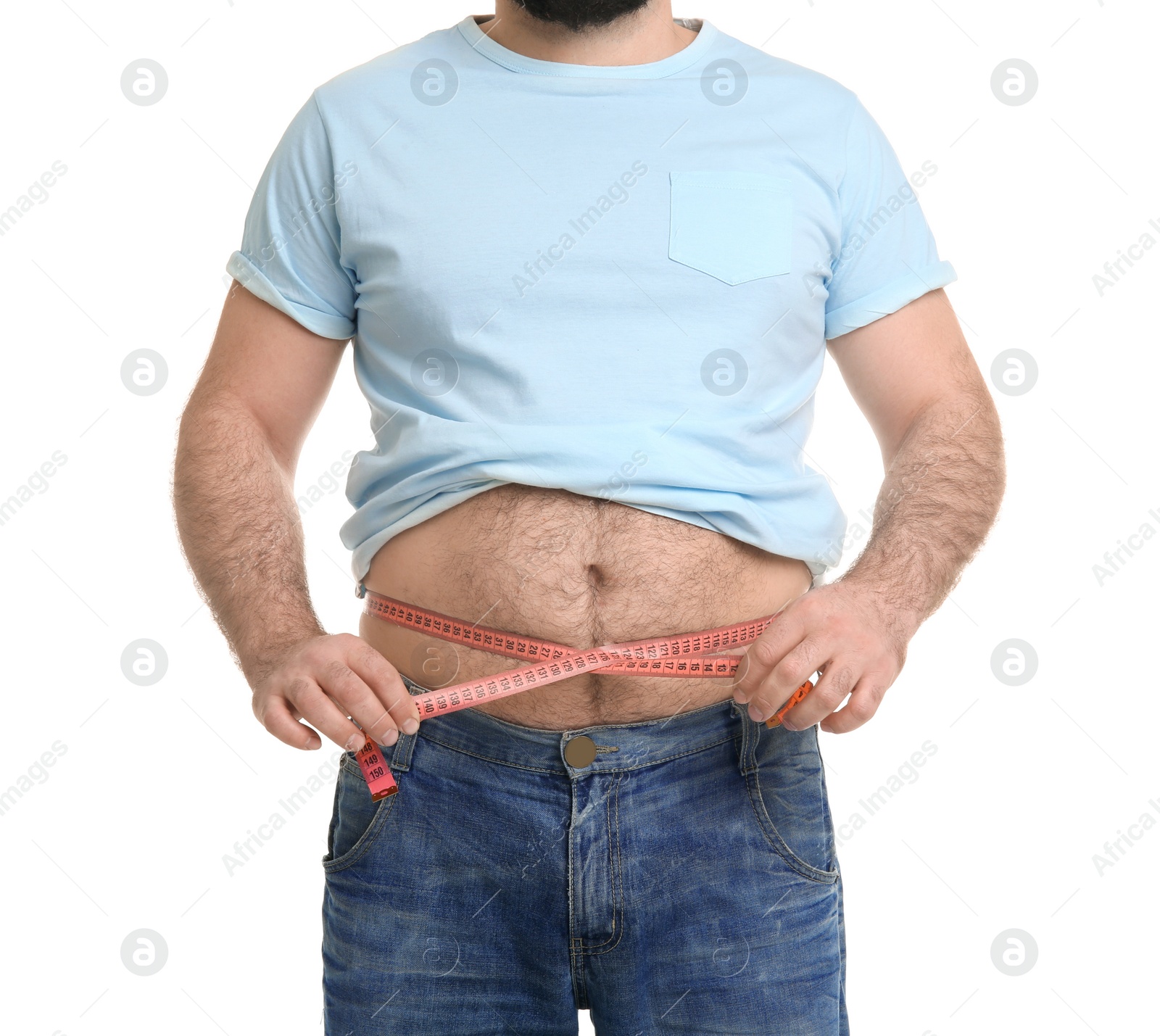 Photo of Overweight man with measuring tape on white background