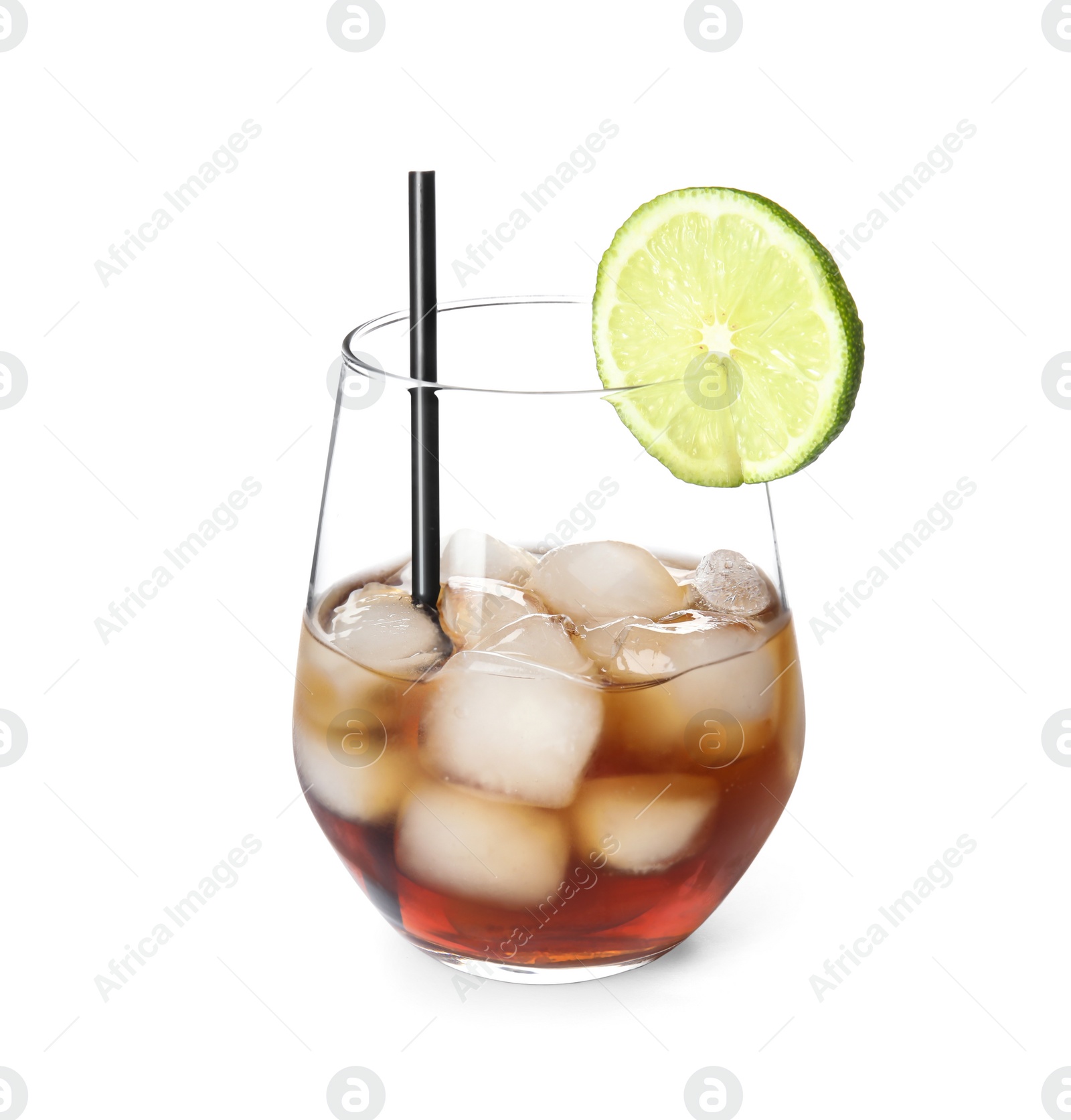 Photo of Glass of cocktail with cola, ice and cut lime on white background