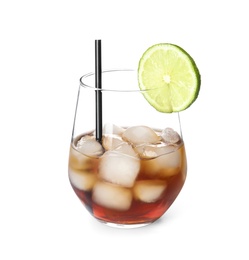 Photo of Glass of cocktail with cola, ice and cut lime on white background