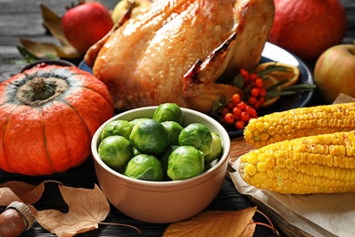 Photo of Turkey and vegetables as background, closeup. Happy Thanksgiving day