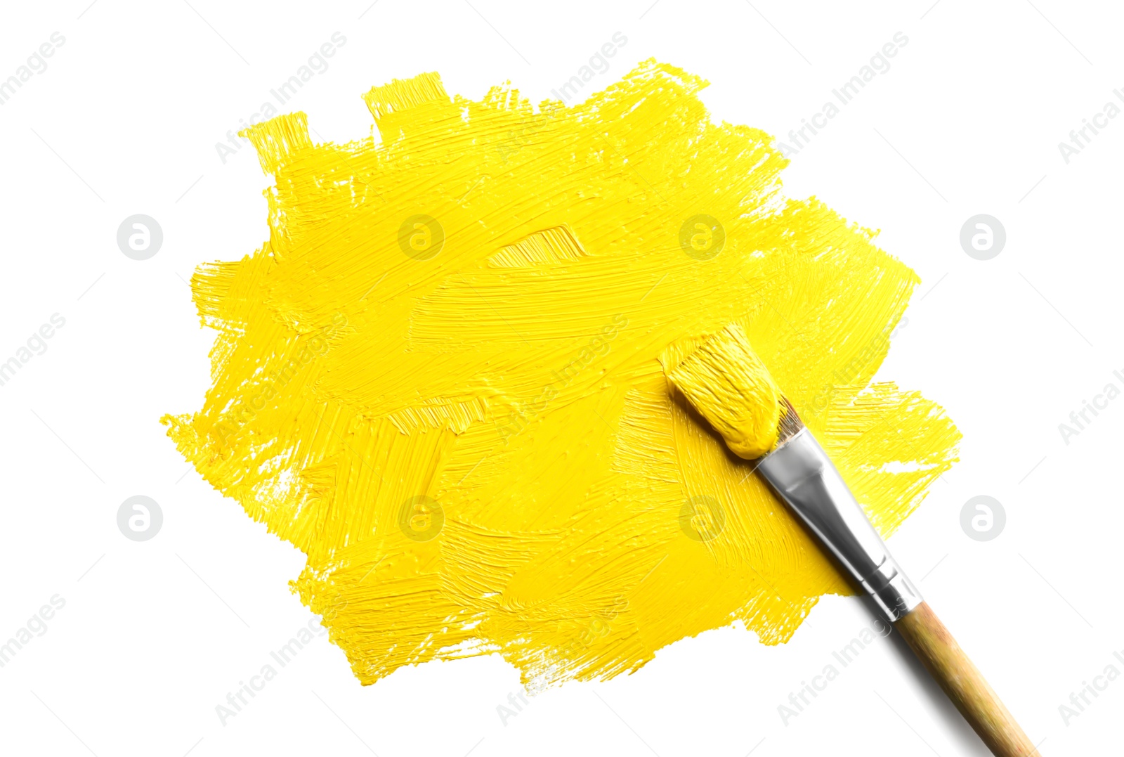 Photo of Paint stroke and brush on white background, top view