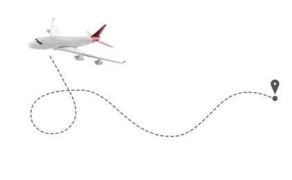 Image of Flight direction illustration. Plane and pin connected by dashed line on white background