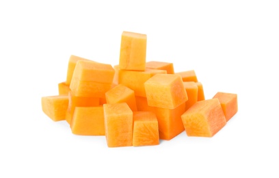 Photo of Cubes of fresh ripe carrot isolated on white