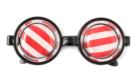 Photo of Funny glasses isolated on white, top view. Clown's accessory