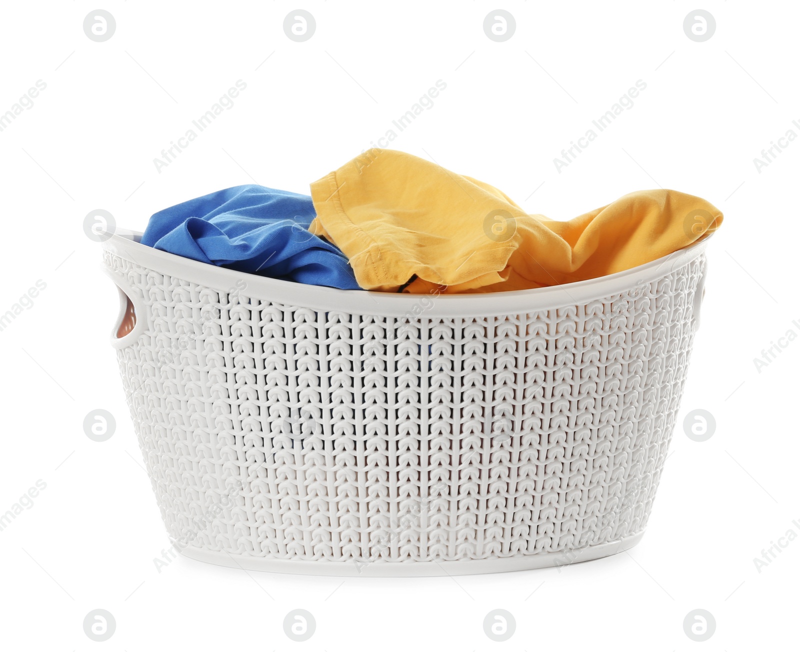 Photo of Laundry basket with dirty clothes isolated on white