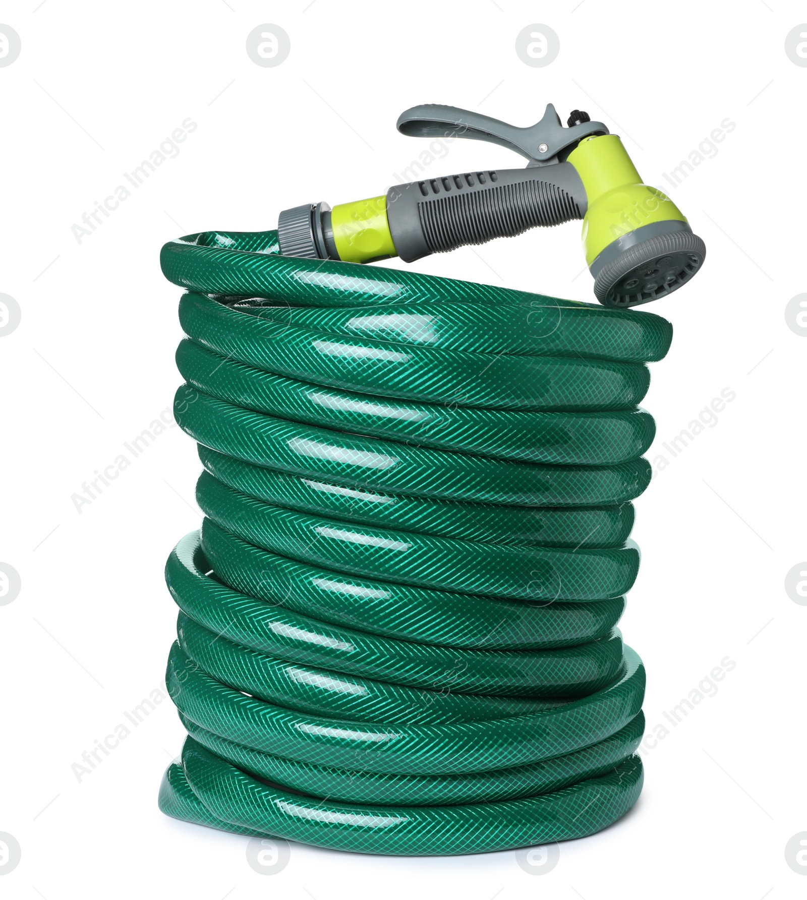 Photo of Green rubber watering hose with nozzle isolated on white