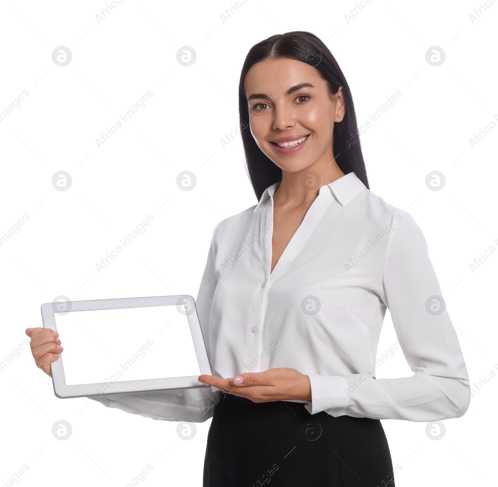 Photo of Portrait of hostess in uniform with tablet on white background