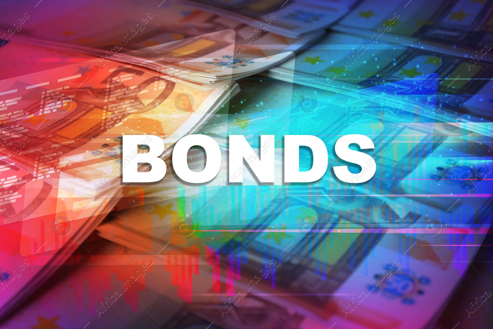 Image of Concept of bonds. Many euro banknotes as background, closeup