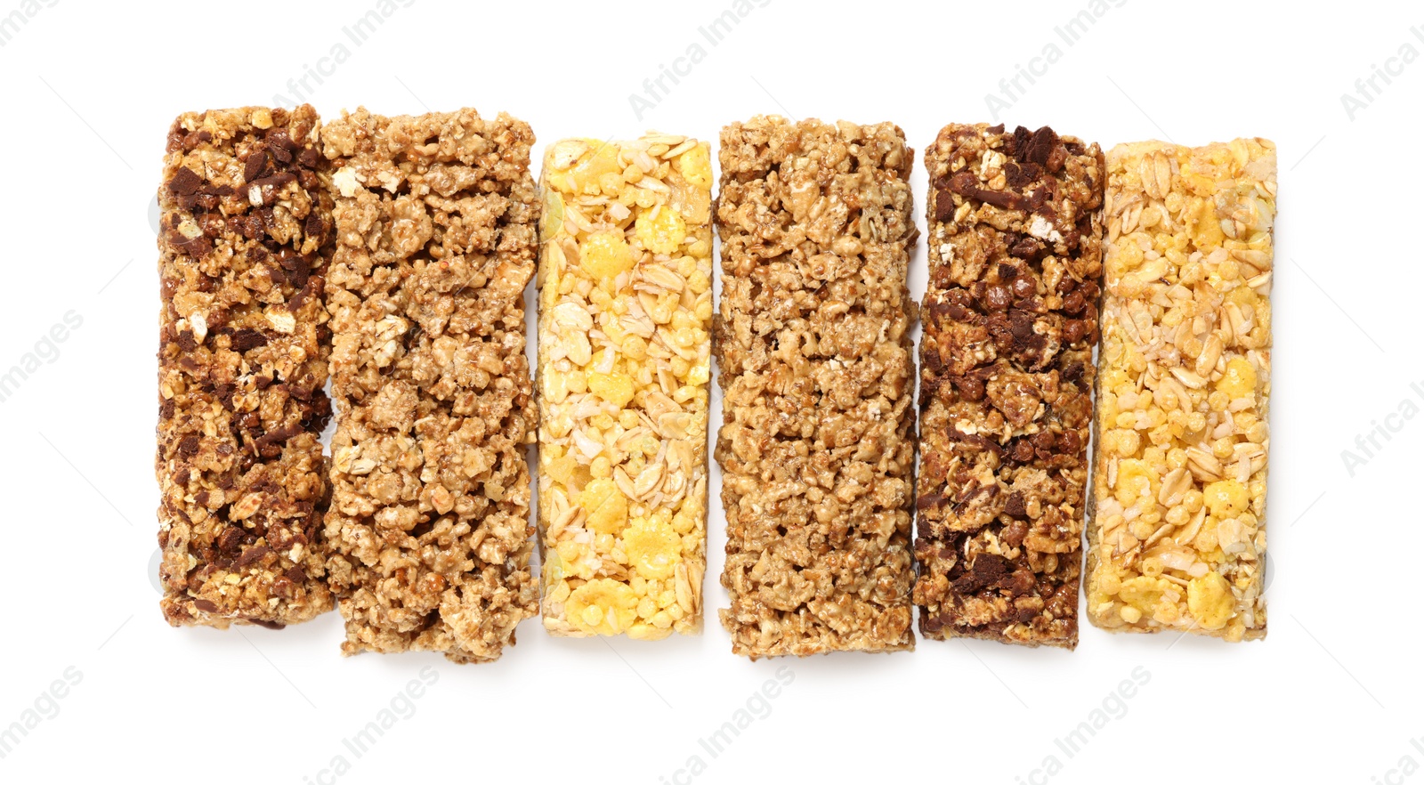 Photo of Different tasty granola bars isolated on white, top view