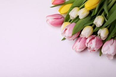 Photo of Beautiful colorful tulips on light background, closeup. Space for text