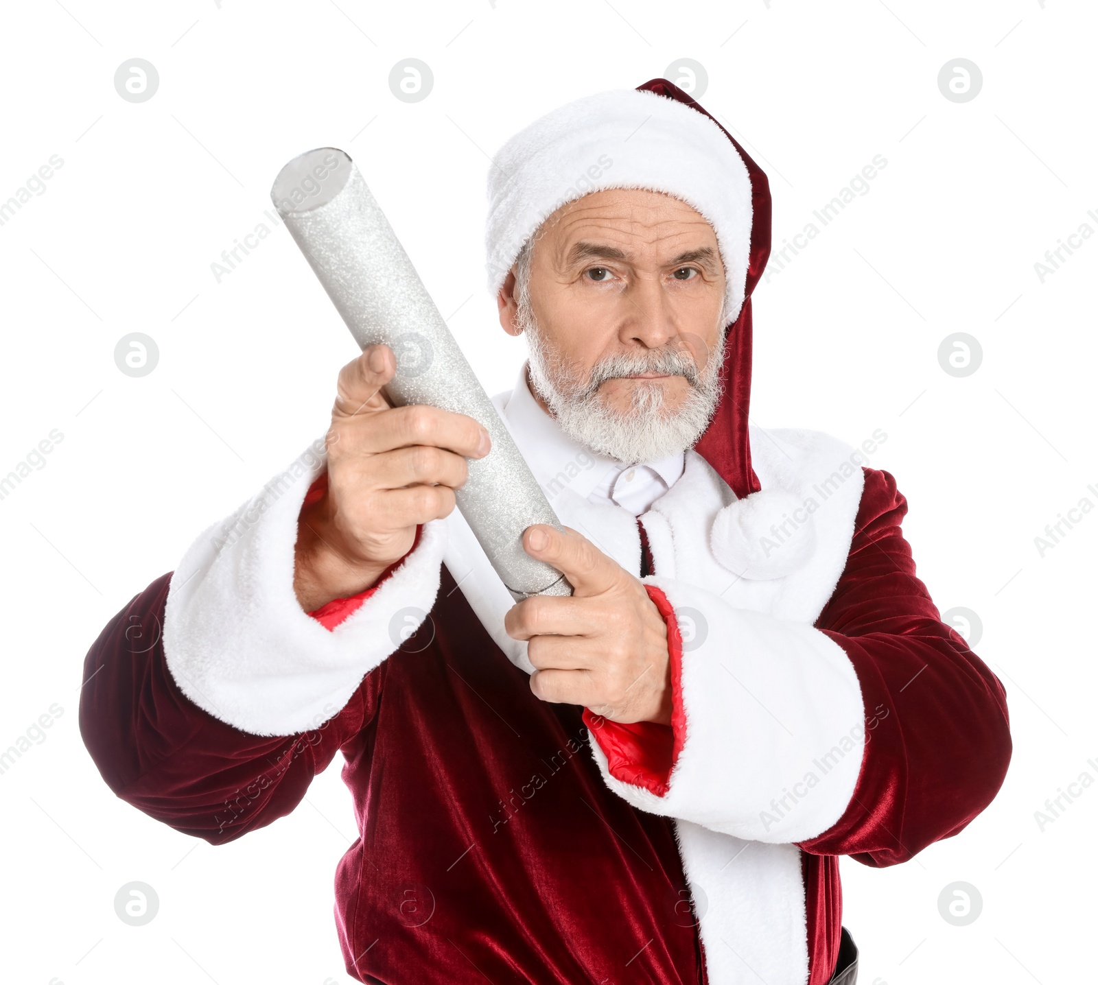 Photo of Man in Santa Claus costume with party popper on white background