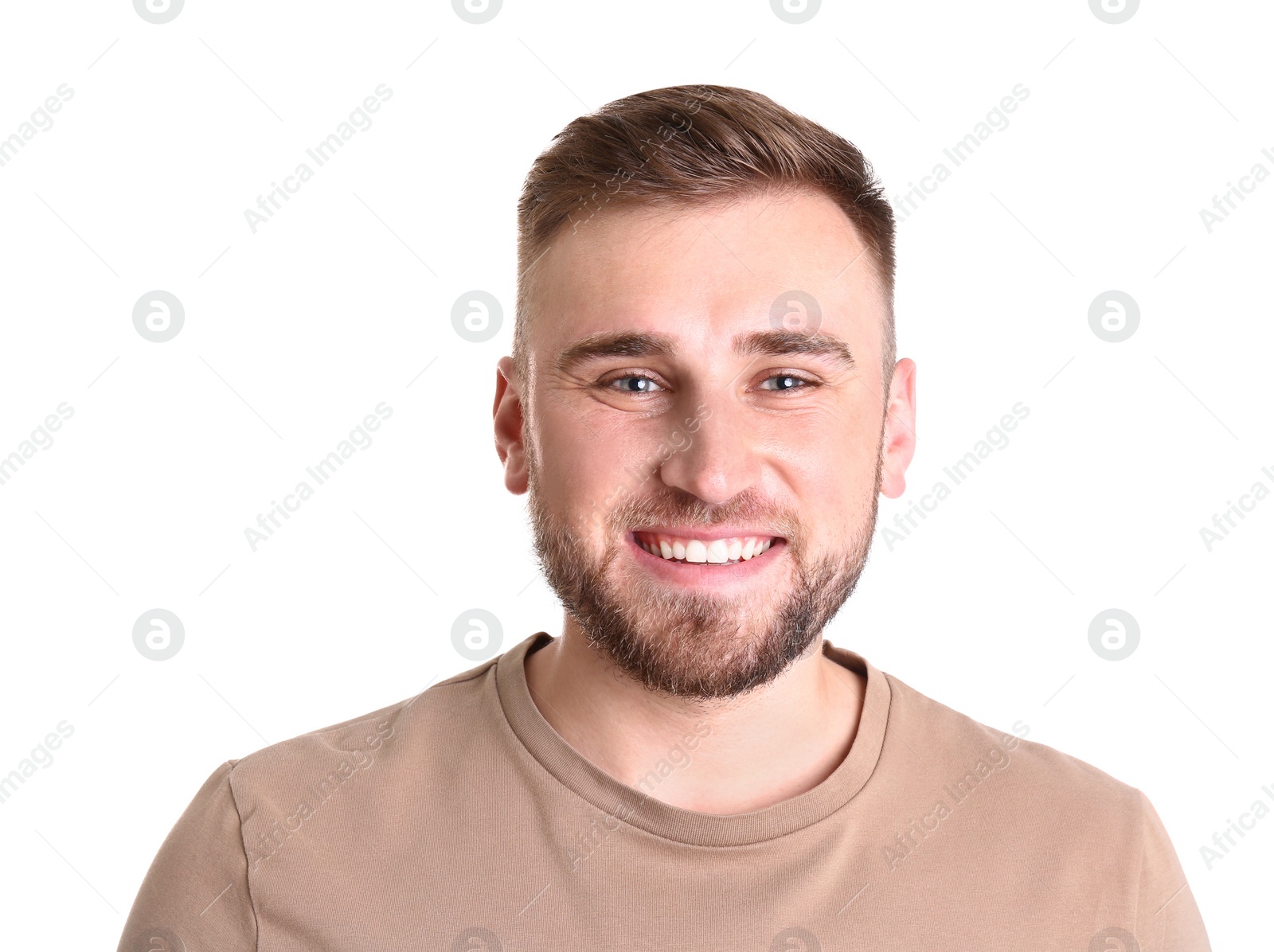 Photo of Portrait of handsome happy man on white background
