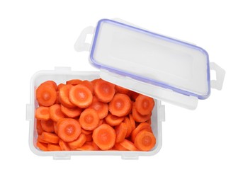 Photo of Plastic container with fresh cut carrot and lid isolated on white, top view