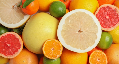 Different citrus fruits as background, top view