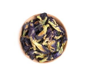 Organic blue Anchan in bowl on white background, top view. Herbal tea