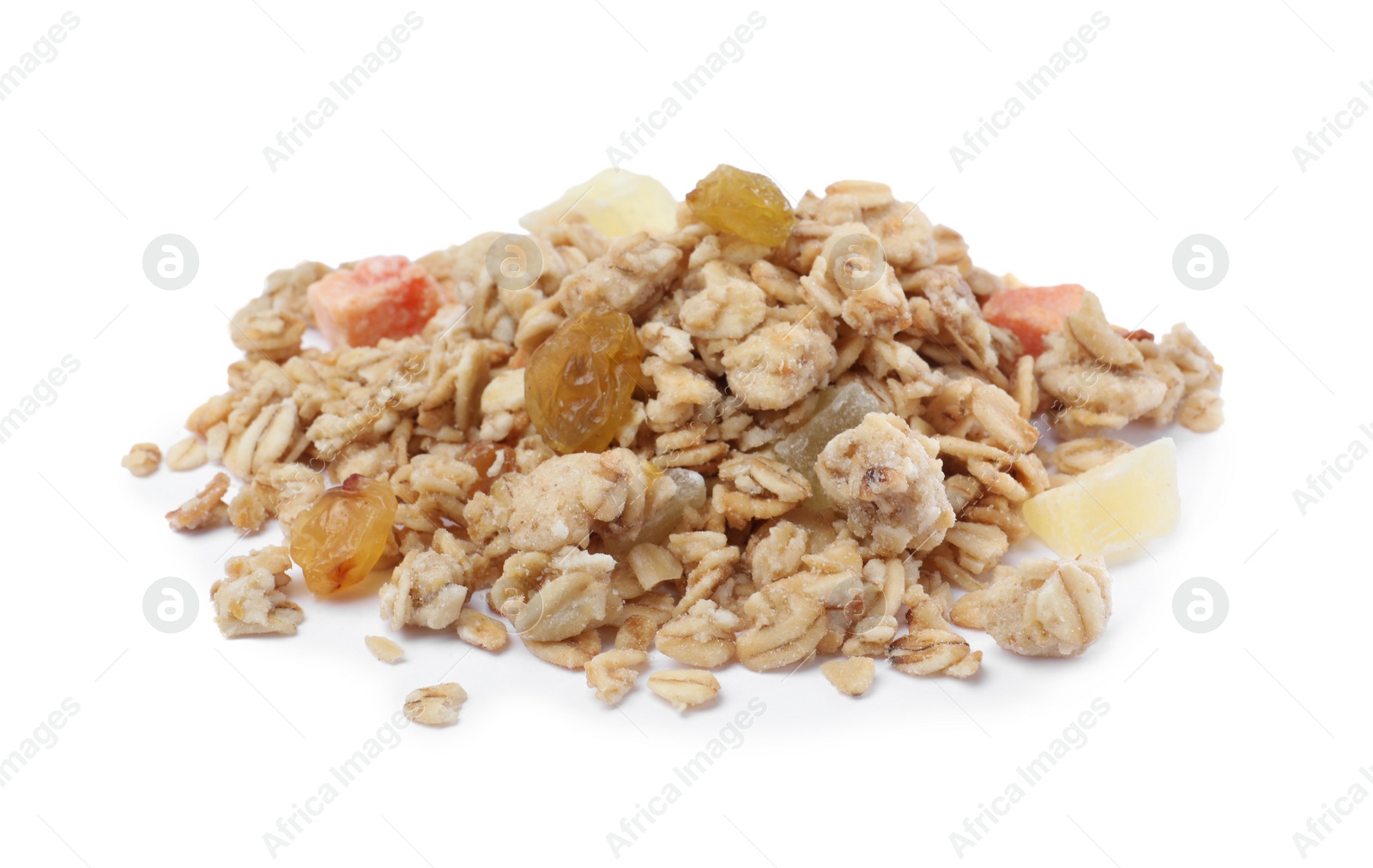 Photo of Pile of granola on white background. Healthy snack