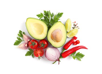 Photo of Fresh ingredients for guacamole on white background, top view