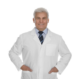 Happy senior man in lab coat on white background
