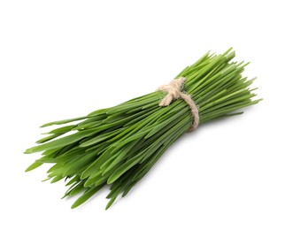 Photo of Bunch of fresh wheat grass sprouts isolated on white