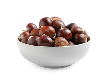 Photo of Fresh sweet edible chestnuts in bowl on white background
