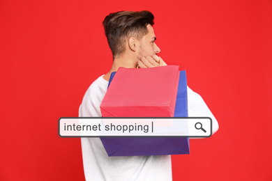 Image of Search bar with words Internet shopping and man holding paper bags on background