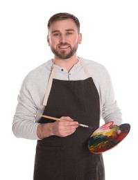 Photo of Man with painting tools on white background. Young artist