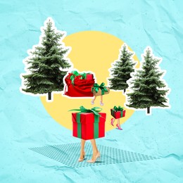 Image of Christmas art collage. Gift boxes with legs walking among fir trees on color background