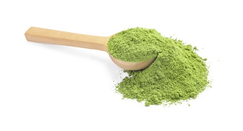 Photo of Wooden spoon with green matcha powder isolated on white