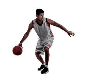 Silhouette of professional sportsman playing basketball on white background